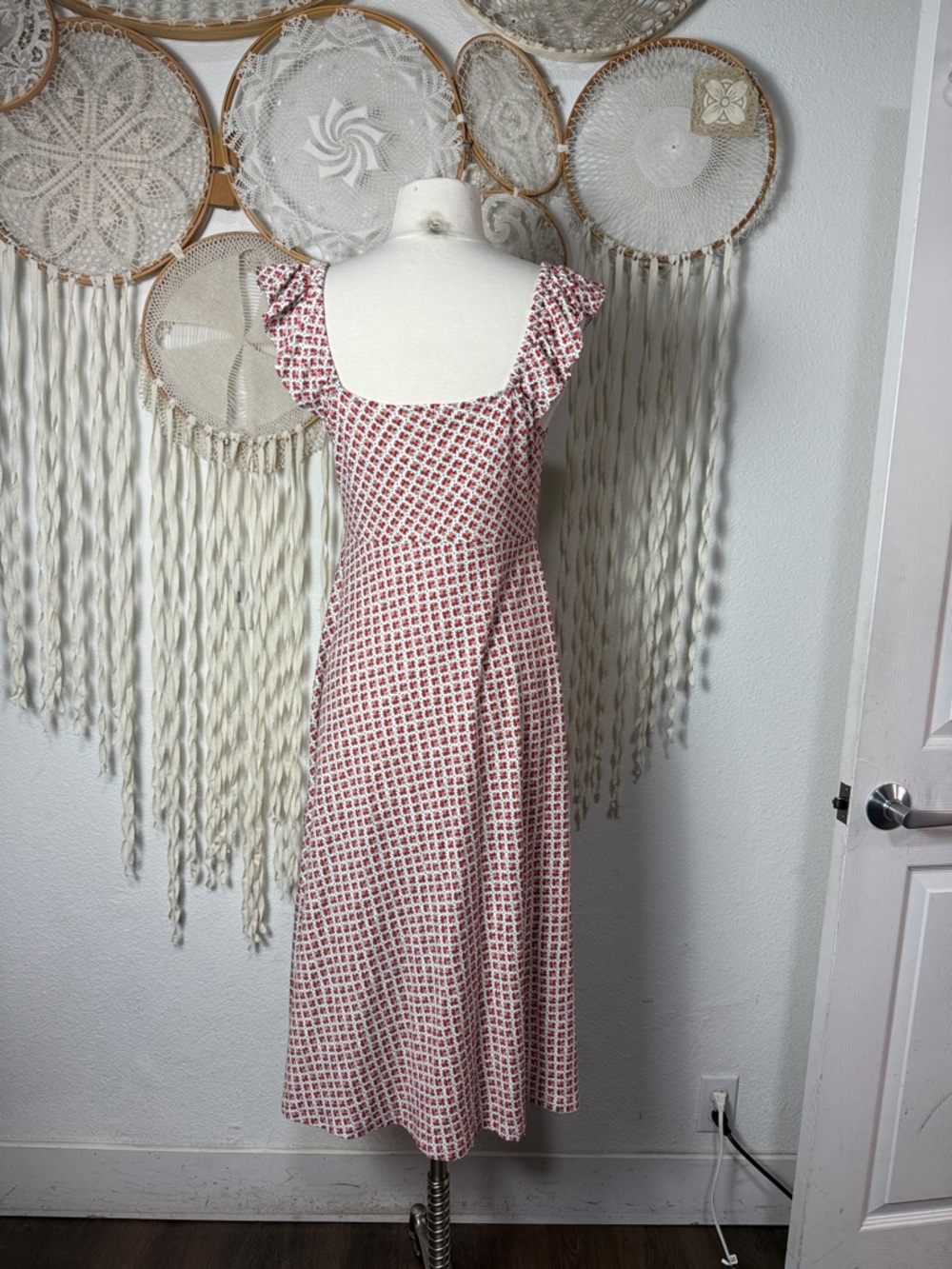 Boden Frill Detail Jersey Midi Dress Red Orange Mini Floral Print Flutter Sleeve - Picture 8 of 14